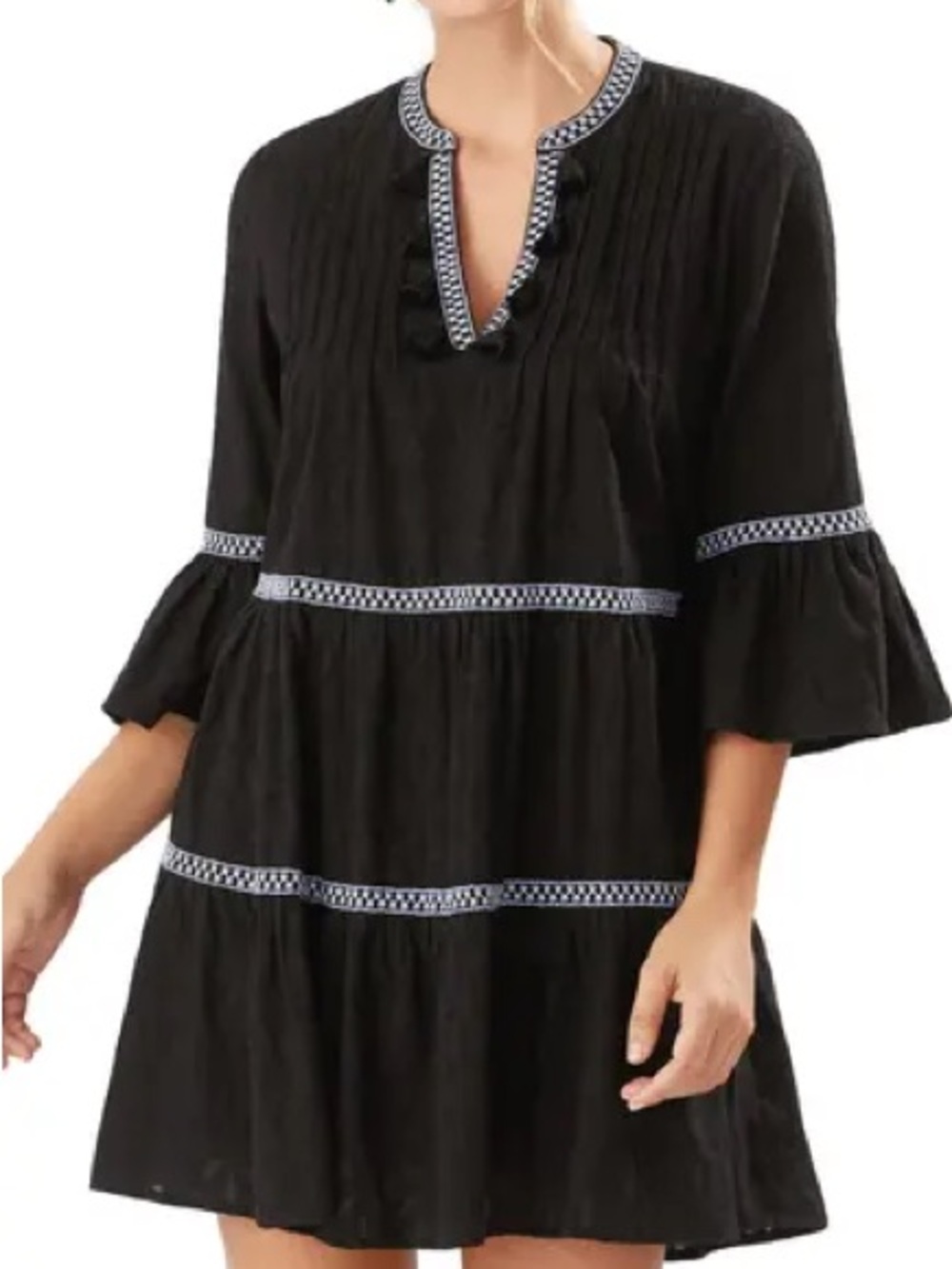 Tommy Bahama V Neck Embroidered Tiered Cotton Dress Black White Trim Oversized
